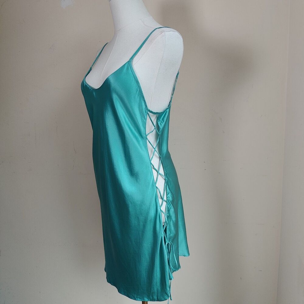 VTG Victoria's Secret 100% Silk Turquoise Slip Dress /M/ Corset Tie Side RARE